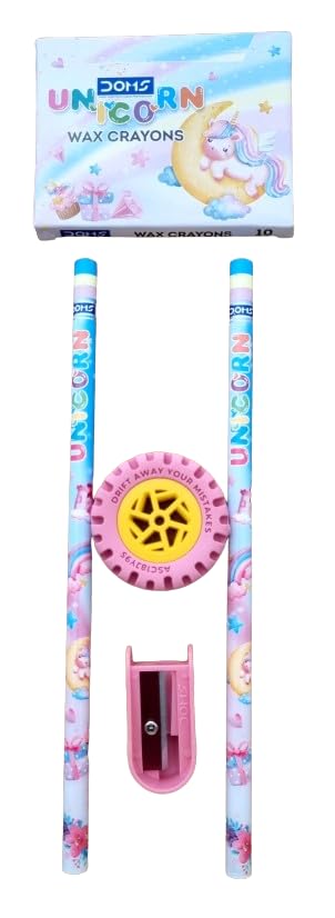 Image of Doms Unicorn Junior Kit | Combination of 4 Various Stationery Items: Pencil, Eraser, Pencil Sharpener, Wax Crayons | School Essentials for Kids | Official Merchandise