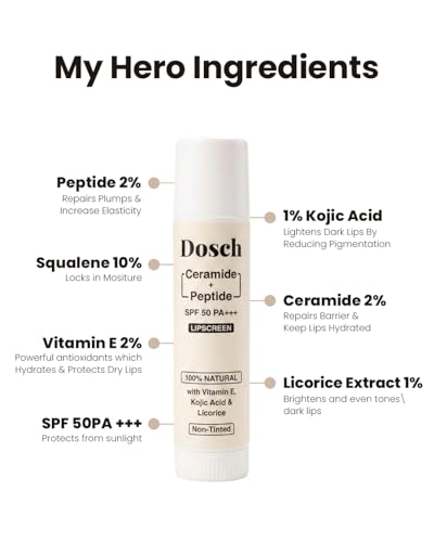 Image of DOSCH Non-Tinted Lip Balm-Lipscreen SPF 50 PA+++ | 2% Peptides, 2% Ceramides & 10% Natural Squalane | With Vitamin E | Brightening Lip Balm for Dark, Pigmented & Chapped Lips | 5 g | 24H Moisturization & Hydration | Kojic Acid & Licorice |For Women & Men