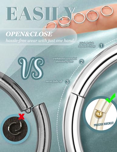 CASSIECA 5Pcs 18G 16G Surgical Steel Nose Rings Hoop for Women CZ Clicker Hinged Septum Ring Lip Helix Cartilage Double Hoop Earring Daith Rook Conch Body Piercing Jewelry for Women 8mm 10mm3