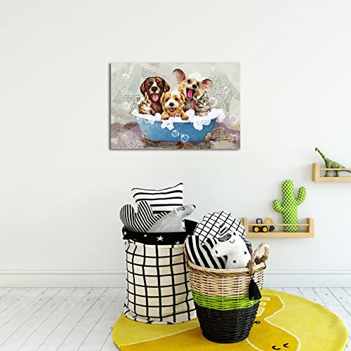 Lovehouse Funny Dog Wall Art Watercolor Animal Pictures Framed Abstract Pet Bathroom Paintings Prints Home Decor For Nursery Kids Boy Girl Bedroom Ready To Hang 16"X24" #TOP2