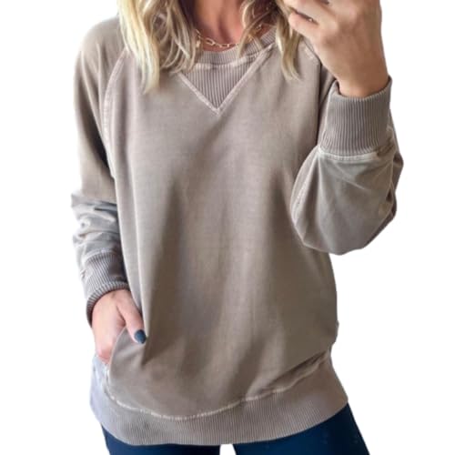 Liggici Women's Pocketed Pullover with Ribbed Pattern,Loose Crewneck Knit Solid Pullover Sweater,Splicing Solid Pullover Tops