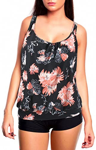 Octopus Oversize Damen Tankini Set Bauchweg mit Slip, Hotpants oder High Waist f5465 Farbe: G(1448)+HP1(sw) Tankini Schw...