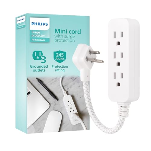 Philips 3-Outlet Grounded Mini Extension Cord with Surge Protection, 5 Inch Indoor Extension Cord, Flat Plug Power Strip, 245 Joules, Short Power Strip, Braided Cord, ETL Listed, Black, SPP8272WC/37