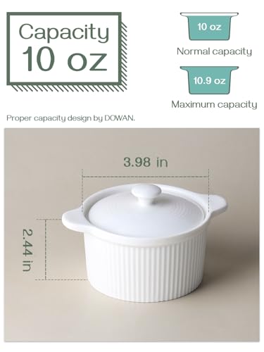 DOWAN 10 oz Ramekins with Lids Oven Safe, Creme Brulee Ramekin, Porcelain Souffle Dish Small Bowls, Stackable Ramekins with Cover and Handle for Baking, Set of 4, Soft White - Thumbnail 2