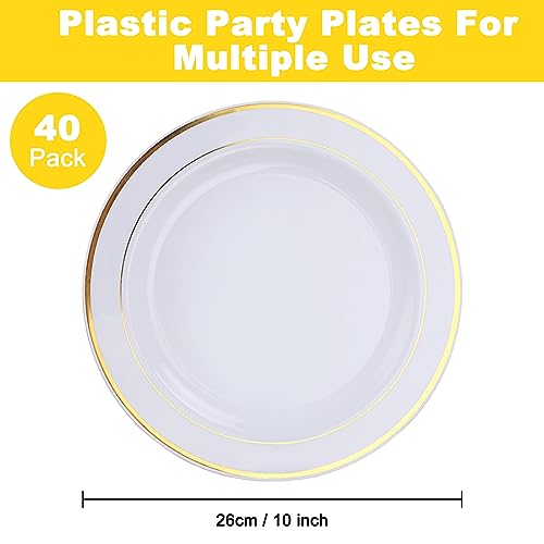 SENENQU 40 Pack Reusable Plastic Plates, 26cm / 10 inch Plastic Party Plates with Gold Rim, Unbreakable Plastic Dinner Plates for Weeding Birthday Party Catering - Image 3