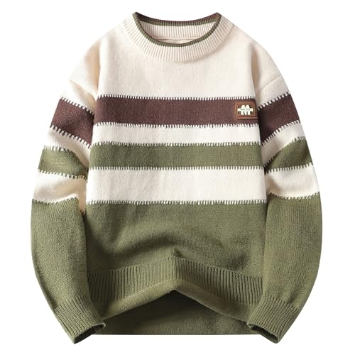 Mens Knitted Crewneck Pullover Sweaters Stripe Color Block Sweater Chunky Fall Winter Fleece Warm Knit Sweater