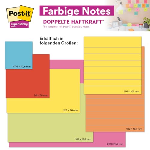 Post-it Super Sticky Notes, Packung mit 24 Blöcken, 90 Blatt pro Block, 76 mm x 76 mm, Farben: Grün, Pink, Blau, Orange - Extra-stark klebende Notizzettel für Notizen, To-Do-Listen und Erinnerungen