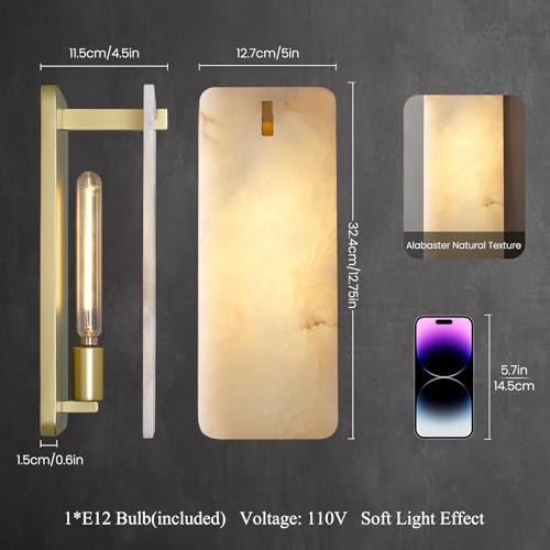 Image of 12 Inch Alabaster Wall Sconce, Natural Spanish Stone Brass Gold Wall Light, Modern Marble Sconces Dimmable E12 Hardwired Rectangular Vanity Light Fixture for Bathroom Mirror, Hallway Corridor(1 Pcs)