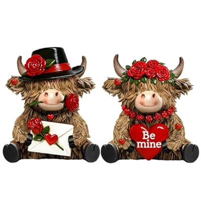 Burbell 2 Pcs Valentines Day Gift Highland Cow Figurines Decor Valentines Highland Cow Gnomes with Flowers Cute Romantic Brown Calf Resin Statue Lovers Gift for His Her Wedding Anniversary