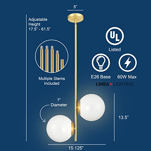 Linea Di Liara Caserti Mid Century Modern Chandelier Double Pendant Light - Satin Brass Glass Globe Hanging Chandeliers - Kitchen & Dining Ceiling Lighting Fixtures #TOP5