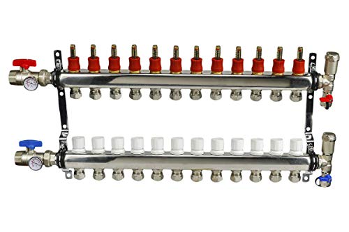 Image of Midline Valve NQT112 PEX Manifold 1 /2 in. for Radiant Heating System; with Valves, Vents, Gauges, and Mounting Brackets; Stainless Steel; 12 Port