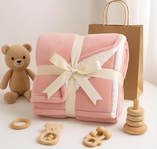 Image of VAS COLLECTIONS Baby Blanket Gift Set | 2-Layer Flannel & Sherpa Wrapping Sheet | Ultra Soft & Cozy | Newborn Boys & Girls | All-Season AC Blanket (130x105 cm, 800 g) (Gift Pink, Baby (800g))