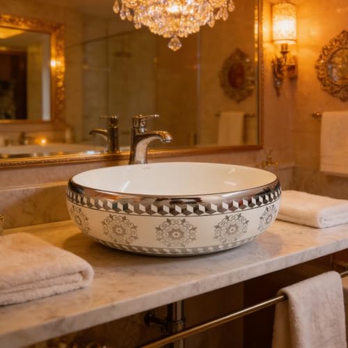 Image of Wallace Premium Countertop Wash Basin 60x40x15 cm | Oval Ceramic Table Top Sink |Interior with Gold Pattern | Luxury Designer Vanity Wash Bowl (Ivory Silver)