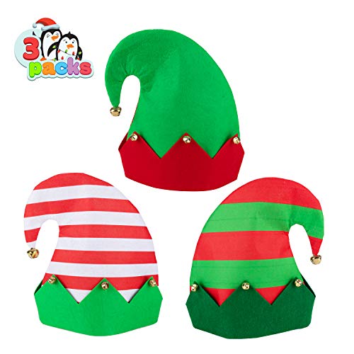JOYIN 3 Packs Unisex Classic Elf Felt Hats for Christmas, Jingle Bells Xmas Hats for Kids Adults, Funny Hats for Christmas