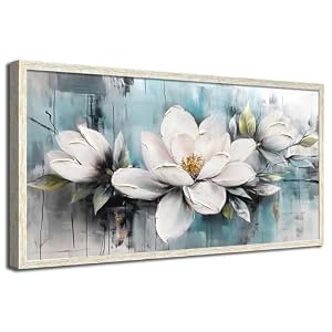 Ardemy Magnolia Wall Art Framed Canvas Wall Decor Living Room, White Floral Picture Wall Decor Teal Painting Flower Textured Artwork for Bedroom Dining Room Home Office 40″x20″