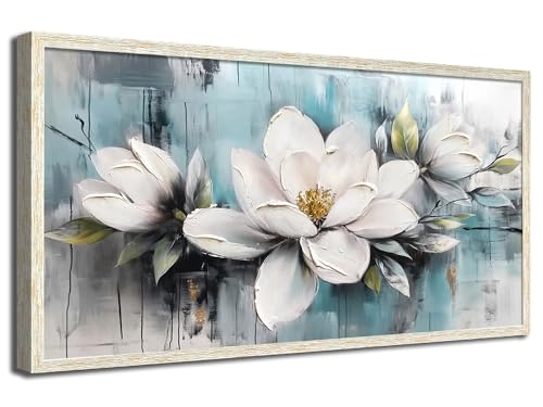Ardemy Magnolia Wall Art Framed Canvas Wall Decor Living Room, White Floral Picture Wall Decor Teal Painting Flower Textured Artwork for Bedroom Dining Room Home Office 40"x20"