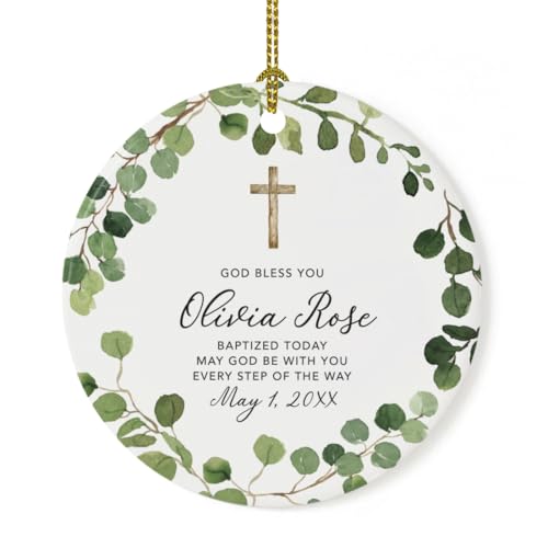 Product Image of the Andaz Press Personalized Round Ceramic Porcelain Christmas Ornament Gift, God Bless You Olivia Rose Baptized Today, Farmhouse Eucalyptus Wreath, 1-PackCustom Christening Gift Ideas