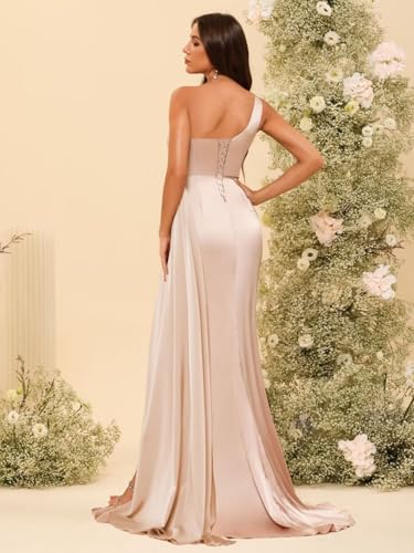 YMSHA Women's One Shoulder Bridesmaid Dresses with Slit Mermaid Satin Pleated Formal Party Dress YMS4032