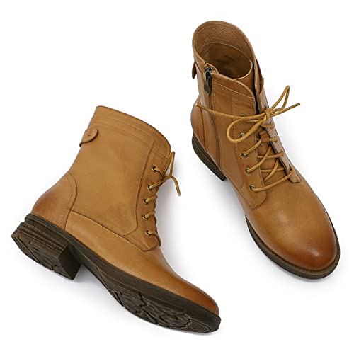 Mona flying Women's Combat Boots Mid Calf Side Zipper Fashion Lace up Soft Leather Booties Low Heel3