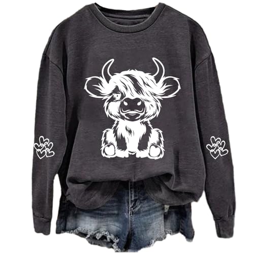 Image of Cute Highland Cow Graphic Print Sweatshirt for Women - Dark Gray