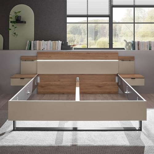 Lomadox Schlafzimmer Komplett Set in Eiche mit Kaschmir, Kleiderschrank 6-türig & Bett 180x200 cm mit Nakopaneel LED-Beleuchtung & Kommode mit Softclose-Funktion – Bild 4
