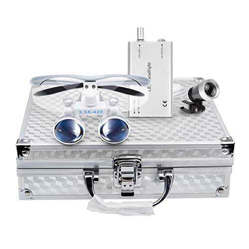 BoNew Kit de loupes jumelles chirurgicales dentaires 3,5 x 420 mm avec tête LED et boîtier en aluminium argenté Cover