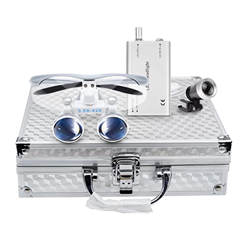 BoNew Dental 3.5X-420mm Surgical Binocular Loupes Magnifier Kit with LED Head Light Silver Aluminum Box Color