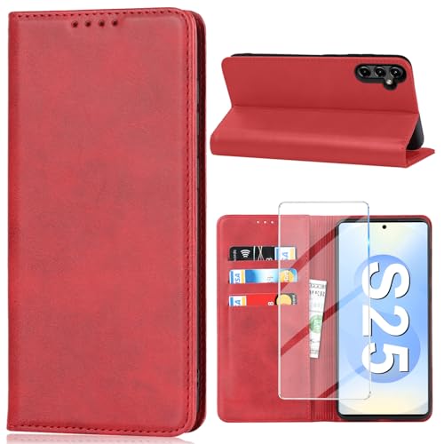 Étui Samsung S25 rouge Vaki en cuir avec protège-écran et porte-cartes