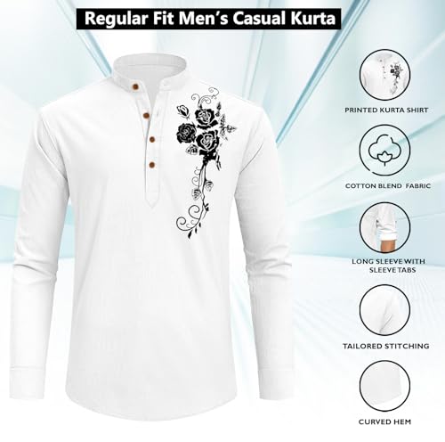 Image of Zombom Men's Cotton Polyester Blend Mandarin Collar Self One Design Printed Full Sleeve Casual Short Kurta