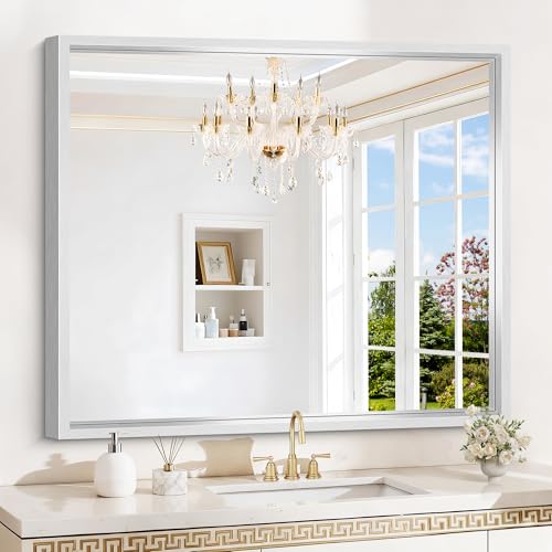 Image of Bathroom Mirror, 42 x 36 Inch Brushed Silver Rectangle Mirror, 0.6 inch Thickened Deep Metal Frame Rectangular Vanity Mirror, Wall Mounted Mirror for Bedroom Living Room, Horizontal or Vertical