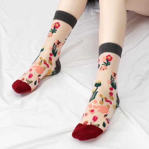 Image of DXYAKY Women's Sheer Floral Embroidered Socks - Vintage Transparent Thin Mesh Crew Socks, Cute & Fashion Lace Aesthetic Ankle