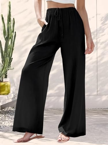 Womens Cotton Linen Palazzo Pants Drawstring Elastic Waist Wide Leg Trousers with Pockets Casual Lounge Pants4