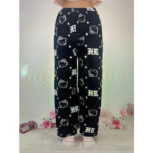 Image of BIUGNVW Anime Pajamas Pants Women Cartoon Family Christmas Pajama Pants Kawaii Flannel Pajama Pants Black and Pink