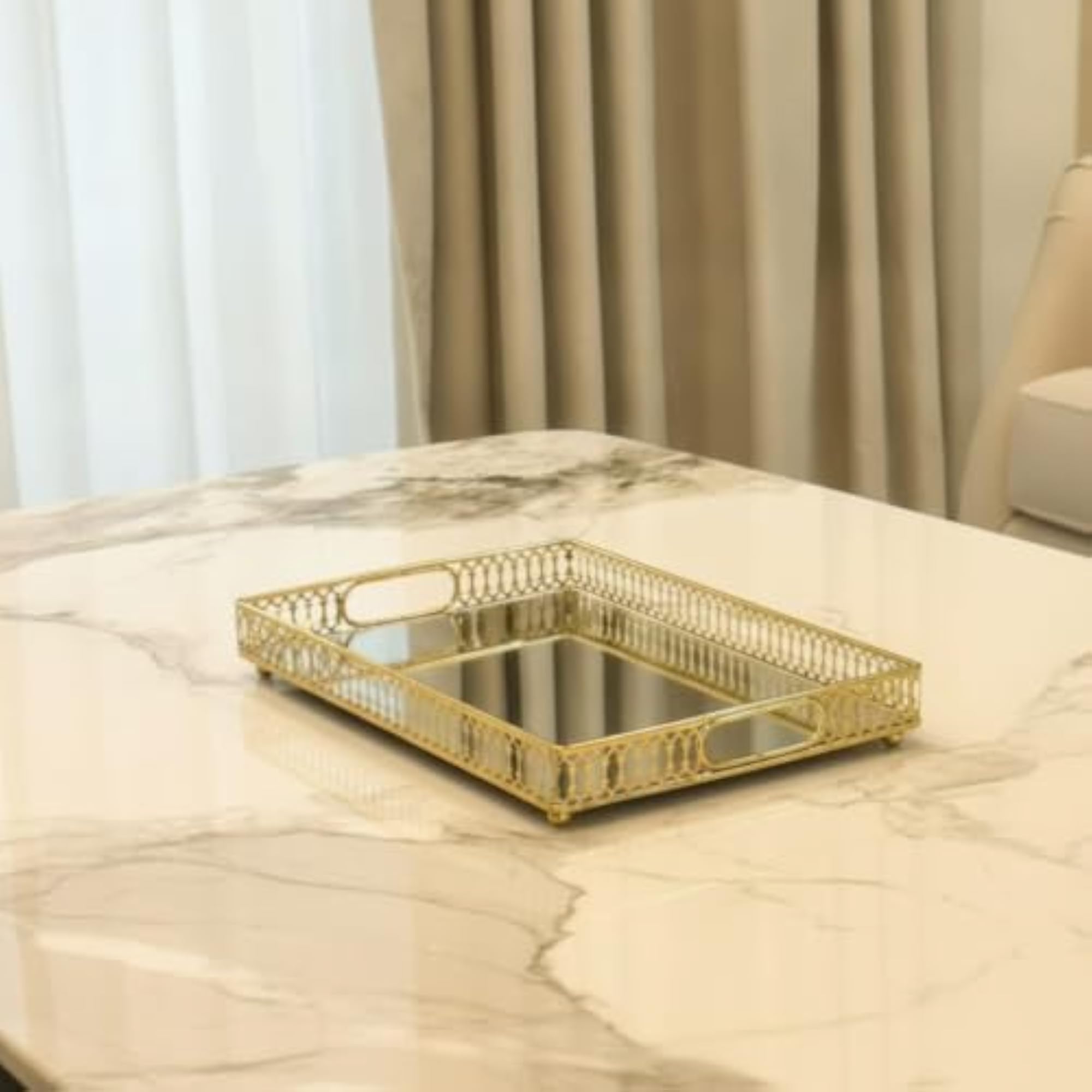 Ornate Mirrored Glass Tray, Rectangular Vanity Organizer