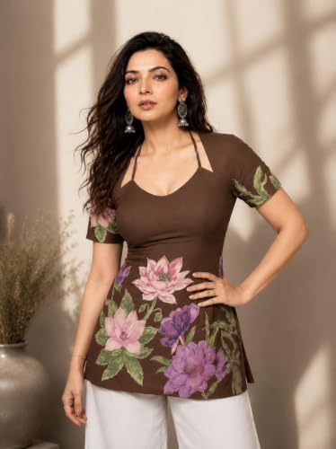 Image of Women's Floral Laila Cut Short Kurti Cotton V-Neck with Lining, Lightweight Short Sleeve Tunic, Breathable, Casual & Office Wear