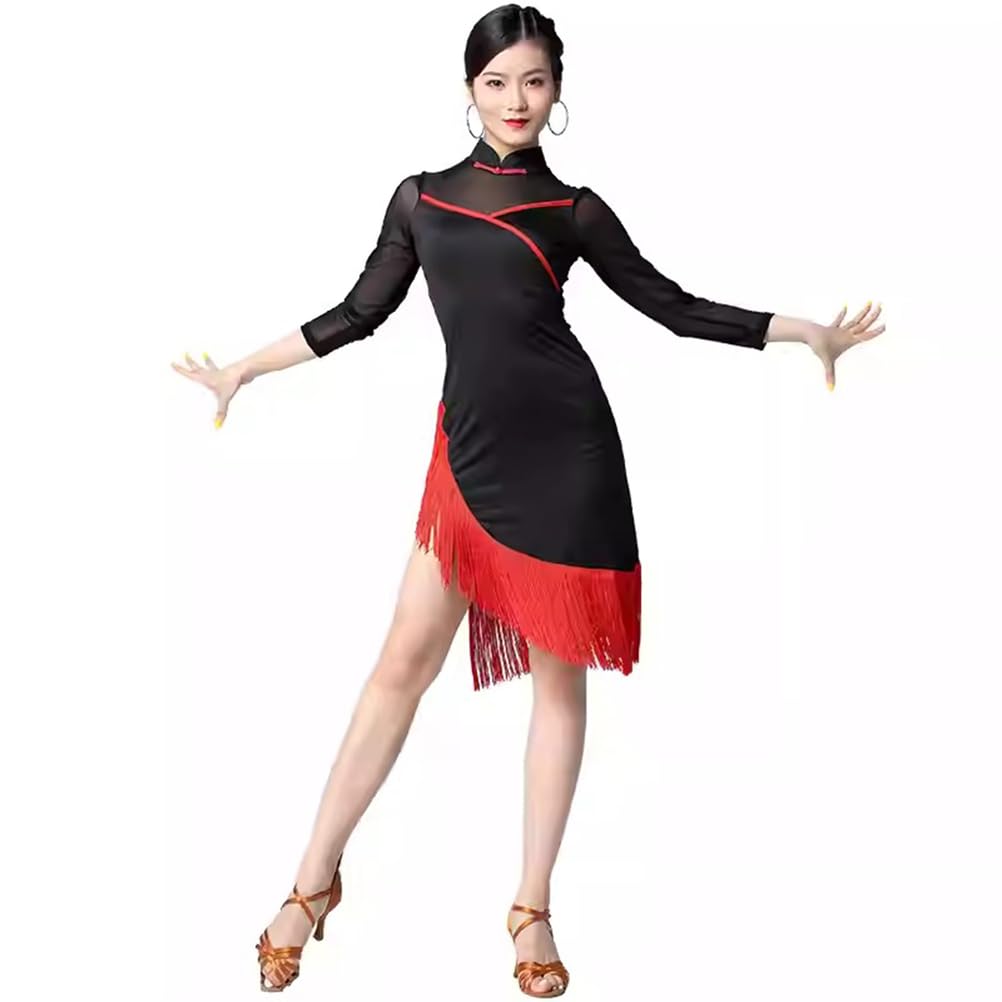 Purpleq Women's B Fringe Split Latin Dance Dress Mesh Long Sleeves Salsa Tango Samba Rumba Dance Dress Cha Cha Practice Skirt,,M