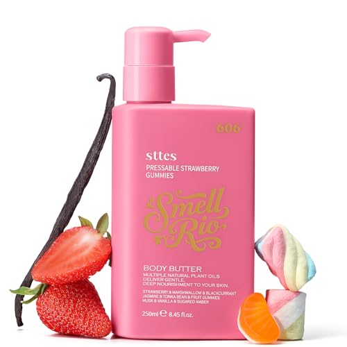 Sttes Smell Rio Body Butter 606# (Pressable Strawberry Gummies) Whipped Non-Greasy Body Cream with Strawberry Marshmallow & Blackcurrant Candy Scent Jojoba & Coconut Oil Caffeine Hydrating Lotion
