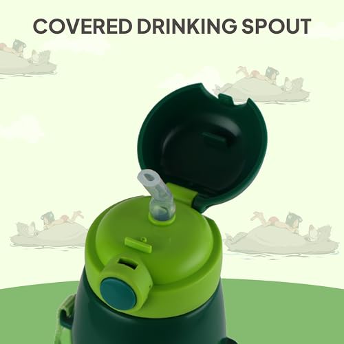 Image of CELLO Kidzbee Orb 600 Inner Steel Insulated Water Bottle 500 ml, Green | 3D Touch & Feel Jungle Book Design, Leakproof Flip Top Spout, Easy to Carry, Cold Water Bottle for Kids School