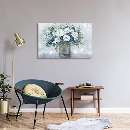 Living Room Flower Wall Art: Vintage White Rose Floral Painting Abstract Blossom Botanical In Vase Picture Heavy Texture Gold Foil Print Contemporary Gallery Artwork Decor For Bedroom Home Office #TOP4