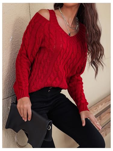 SHENHE Women's Cable Knit Sweater Casual Cold Shoulder V Neck Long Sleeve Knitted Pullover Tops4