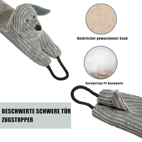 Forecronic Unter Tür Zugluftstopper Dekorative Windstopper 122cm für Tür & Fenster, beschwert Tier Luft Zugluftstopper Schlange Lärm Blocker für unten an der Tür mit hängenden Schlaufen - Grau Hund