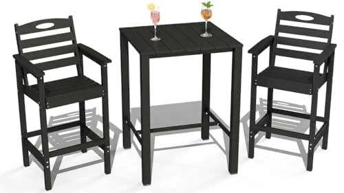 Image of Domi Patio bar Table and Chairs Set of 3, Adirondack bar Height Outdoor Table and Chairs, All-Weather HDPE Outdoor Bar Set for Poolside, Patio, Backyard, Black