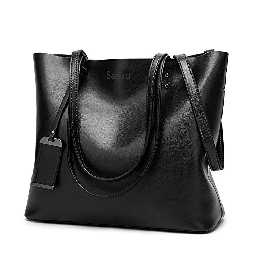 Damen Vintage Handtasche PU Leder Shopper Schultertasche Umhängetasche Ledertasche (Schwarz) Cover