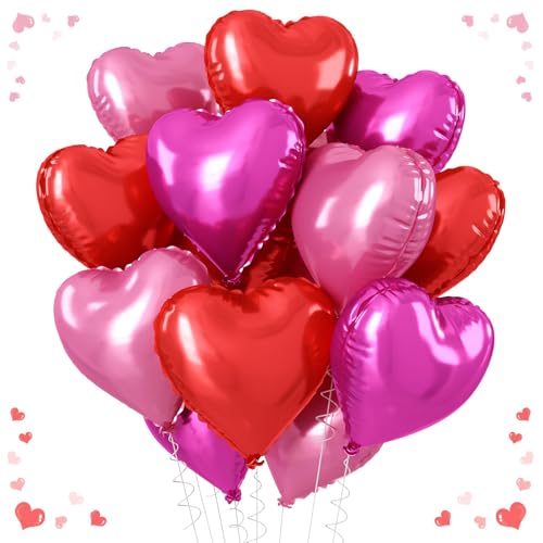 18 Inch Red Pink Heart Balloons, 12PCS Hot Pink Heart Foil Balloons Set
