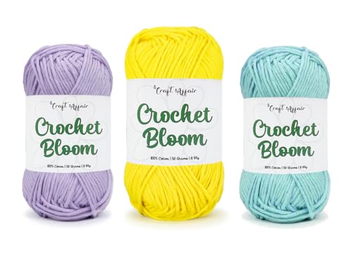 Image of Craft Affair | Crochet Bloom Cotton Yarn 8ply (Each Color 2mm, 77Meter, 50Gram) 100% Pure Cotton | for Knitting Yarn | Craft & DIY Project: Lavender, Lemon, Candy-Blue
