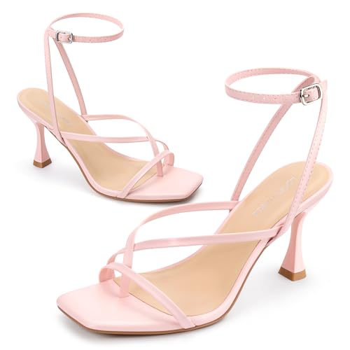 Image of Women's Strappy High Heels Sandals Square Open Toe Ankle Strap Slingback Thong Stilettos Shoes for Wedding