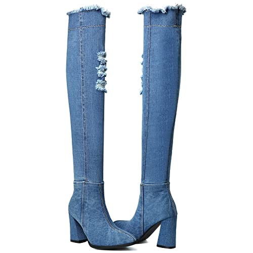 Agodor Women's Denim Thigh High Boots Cutout Over The Knee Blue Jean Boots3