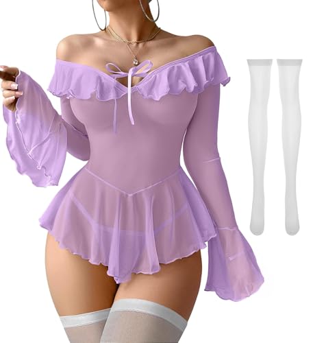Image of Foxiny Sheer Ruffle Long Sleeve Babydoll Lingerie Dress | Off-shoulder neckline, flared cuffs and a flounce hem add movement; thong and thigh-high stockings complete the 3-piece set