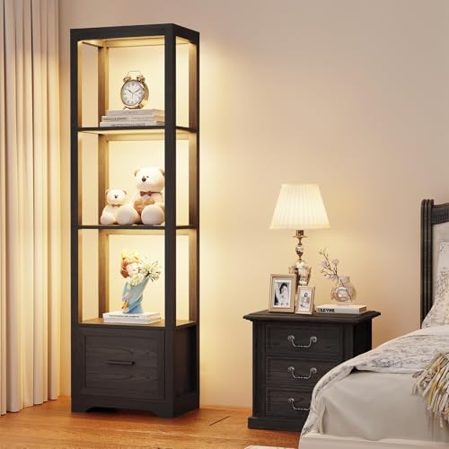 Display Shelf with 3 Color Light, Bookshelf with Drawer, Dimmable Display Cabinet for Collectibles, Bookcase, Display Case for Books, Trophies, Toys, Black - Image 5