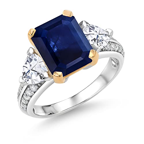 Gem Stone King 925 Sterling Silver and 10K Yellow Gold Blue Sapphire and White Moissanite 3 Stone Engagement Ring For Women (4.58 Cttw, Emerald Cut 10X8MM, Available In Size 5, 6, 7, 8, 9)2